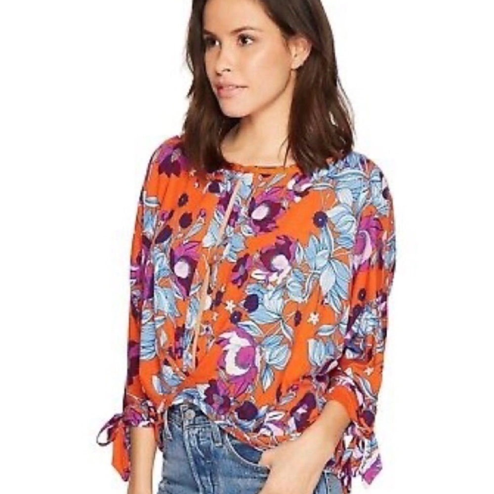 Free People Keepin On the Tie Side Orange Floral Oversized Top Size S - Picture 4 of 6